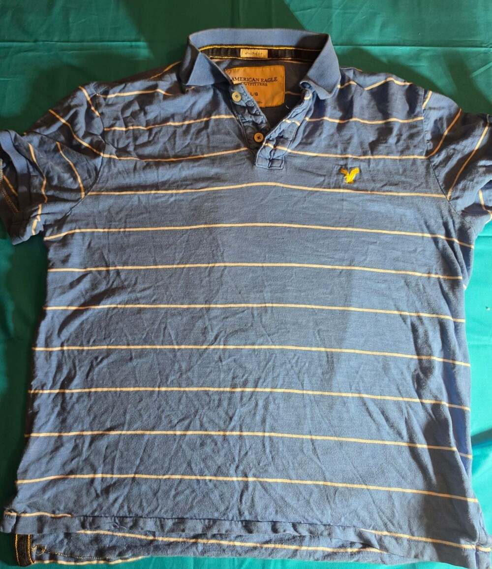 American Eagle Outfitters Men's Blue Striped Athletic Fit Polo Shirt Size L